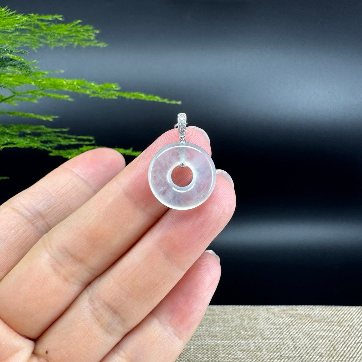 "Good Luck Button" Icy Jadeite Jade Lucky KouKou Pendant With 18K White Gold Bail