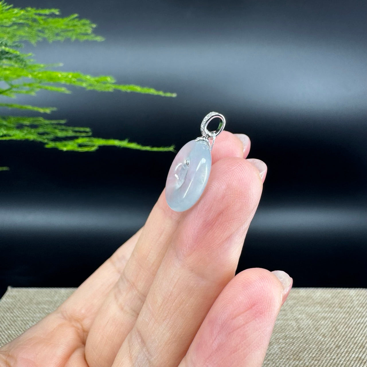 "Good Luck Button" Icy Jadeite Jade Lucky KouKou Pendant With 18K White Gold Bail