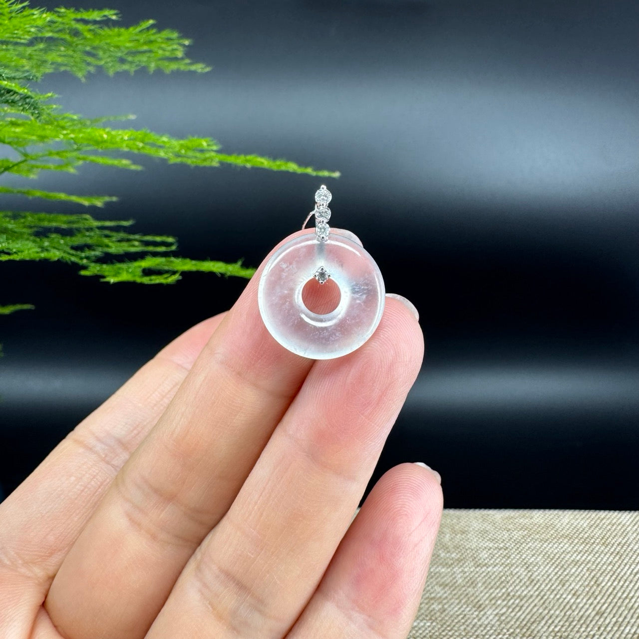 "Good Luck Button" Icy Jadeite Jade Lucky KouKou Pendant With 18K White Gold Bail