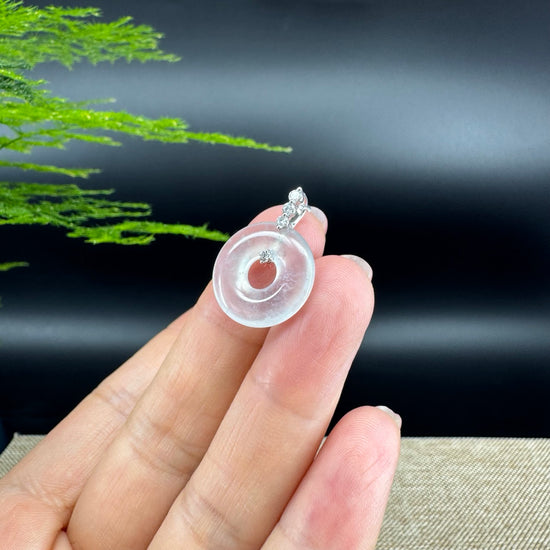 "Good Luck Button" Icy Jadeite Jade Lucky KouKou Pendant With 18K White Gold Bail