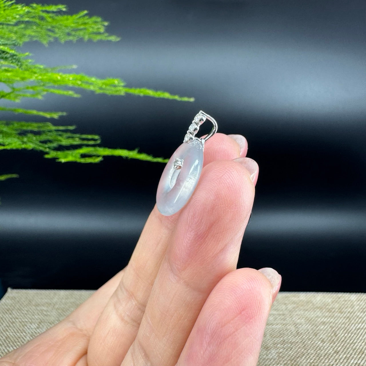 "Good Luck Button" Icy Jadeite Jade Lucky KouKou Pendant With 18K White Gold Bail