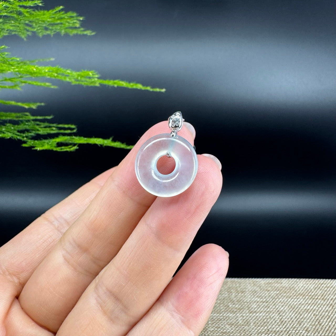 "Good Luck Button" Icy Jadeite Jade Lucky KouKou Pendant With 18K White Gold Bail