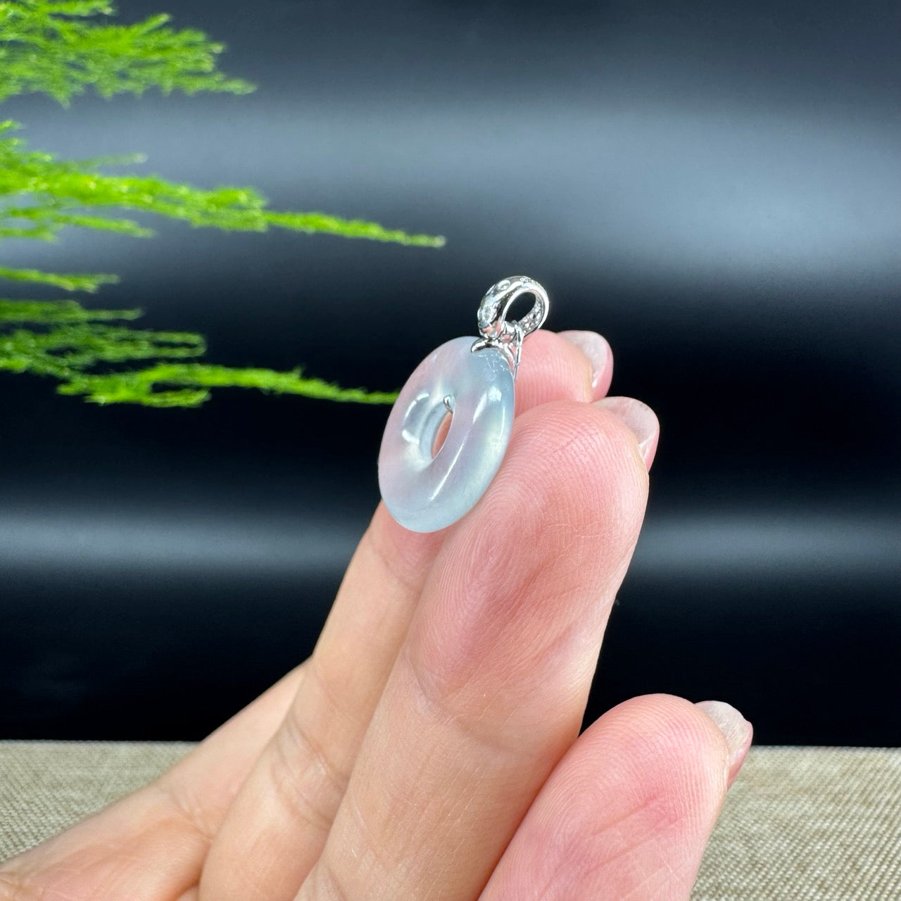 "Good Luck Button" Icy Jadeite Jade Lucky KouKou Pendant With 18K White Gold Bail