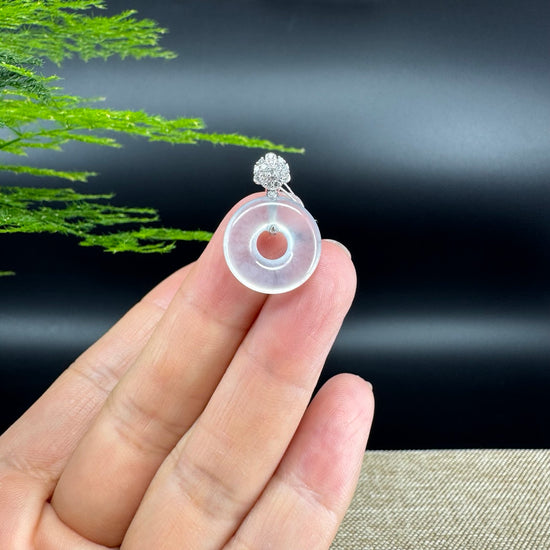 "Good Luck Button" Icy Jadeite Jade Lucky KouKou Pendant With 18K White Gold Bail
