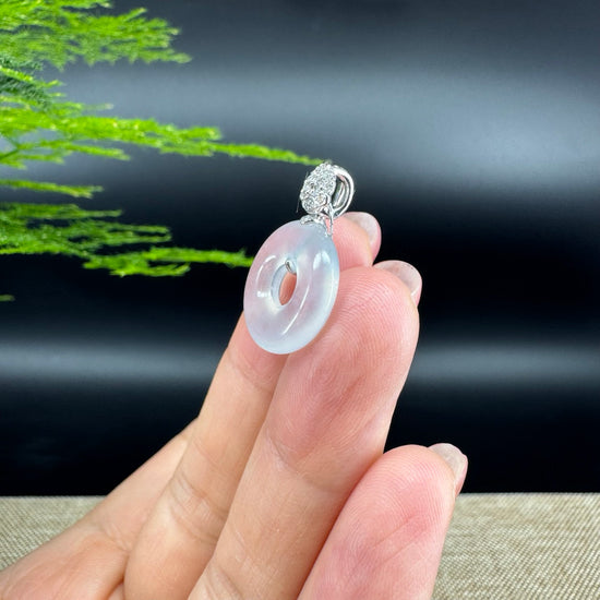 "Good Luck Button" Icy Jadeite Jade Lucky KouKou Pendant With 18K White Gold Bail