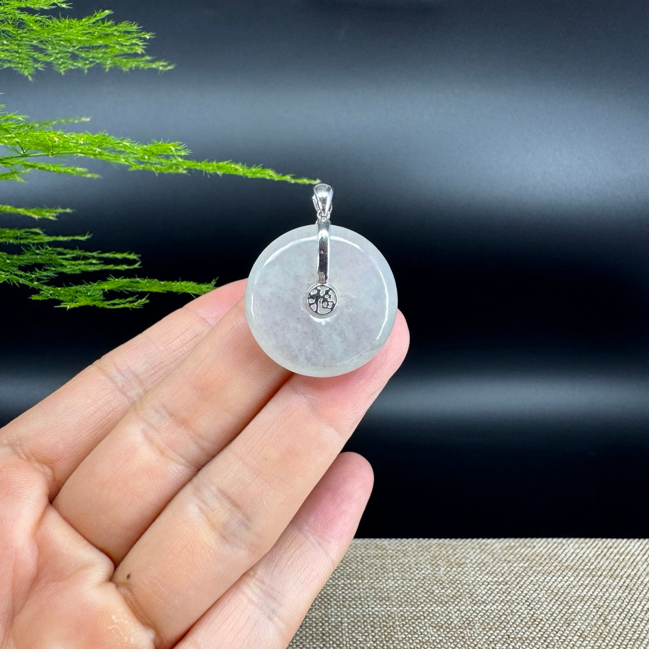 "Good Luck Button" Icy Jadeite Jade Lucky KouKou Pendant With 18K White Gold Bail