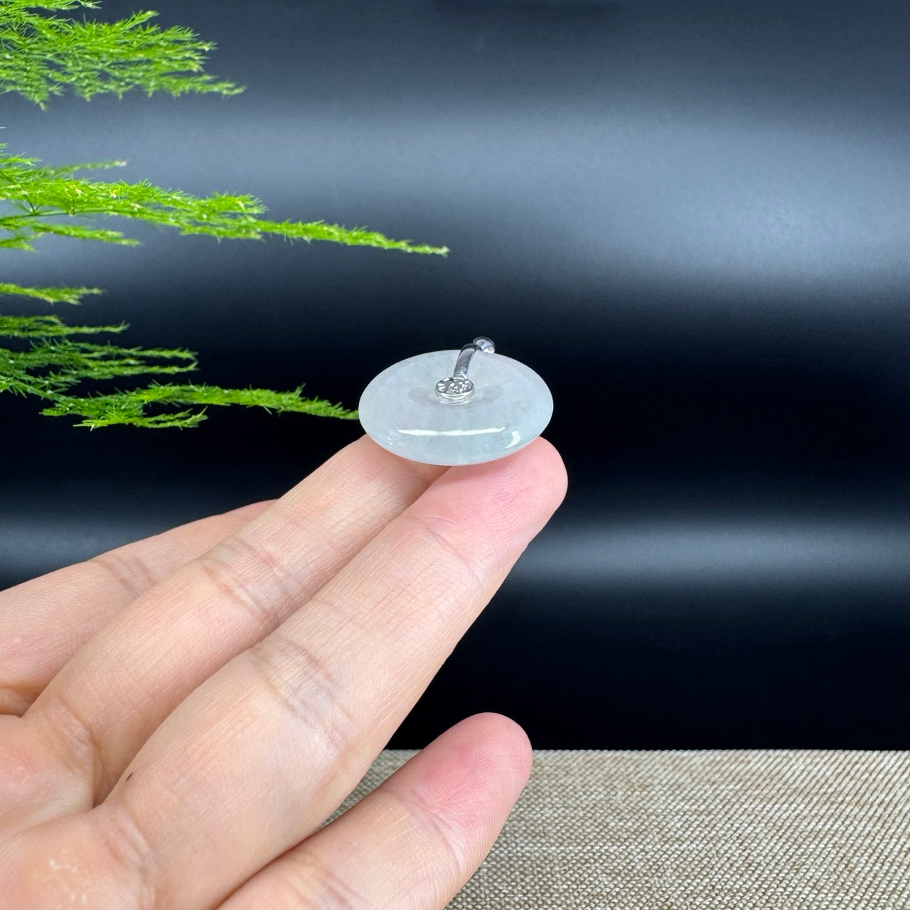 "Good Luck Button" Icy Jadeite Jade Lucky KouKou Pendant With 18K White Gold Bail