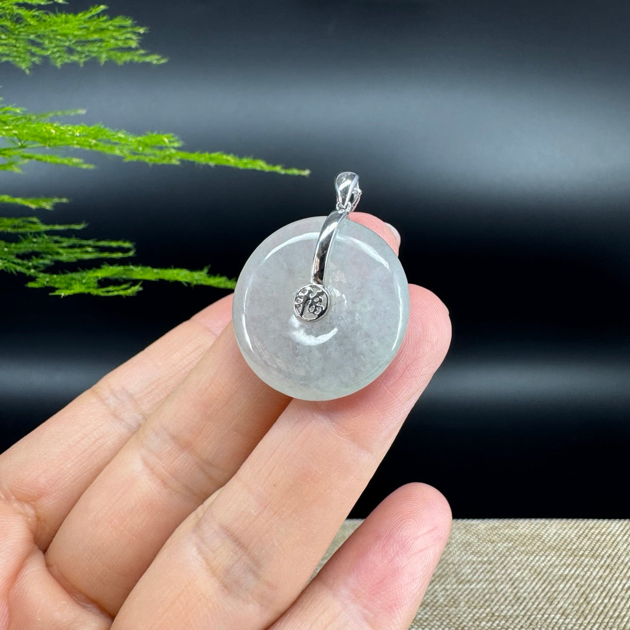 "Good Luck Button" Icy Jadeite Jade Lucky KouKou Pendant With 18K White Gold Bail