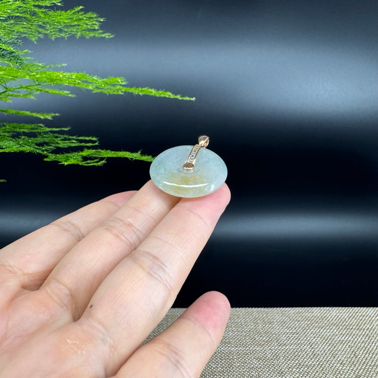 "Good Luck Button" Icy Yellow Green Jadeite Jade Lucky KouKou Pendant With 18K Rose Gold Bail