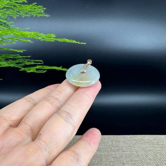 "Good Luck Button" Icy Yellow Green Jadeite Jade Lucky KouKou Pendant With 18K Rose Gold Bail