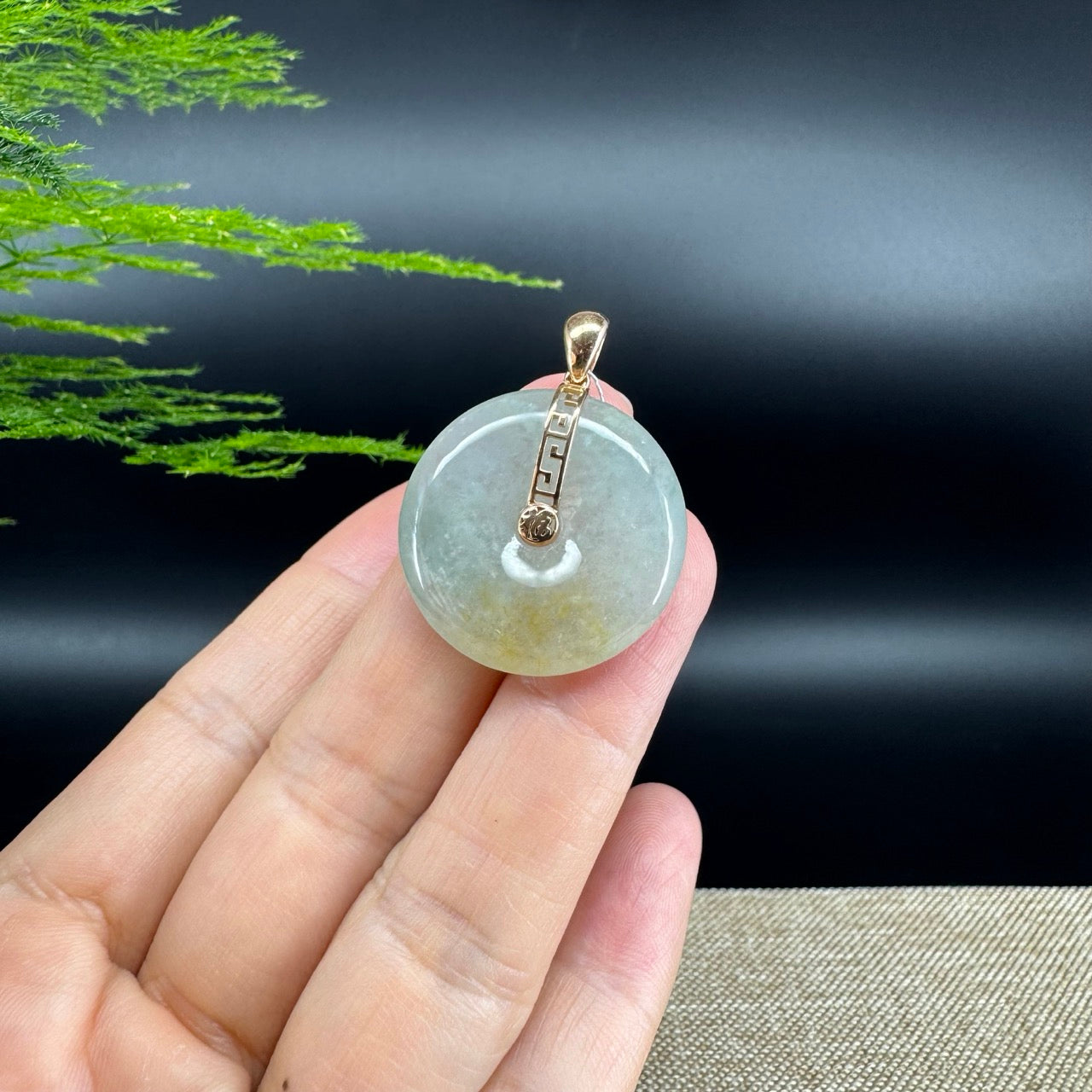 "Good Luck Button" Icy Yellow Green Jadeite Jade Lucky KouKou Pendant With 18K Rose Gold Bail