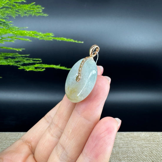 "Good Luck Button" Icy Yellow Green Jadeite Jade Lucky KouKou Pendant With 18K Rose Gold Bail