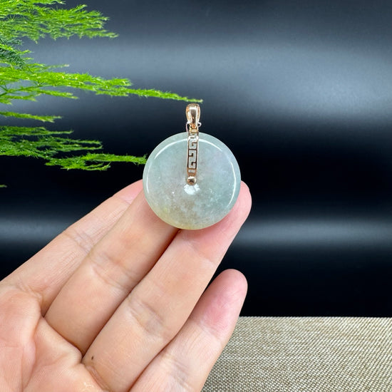 "Good Luck Button" Icy Yellow Green Jadeite Jade Lucky KouKou Pendant With 18K Rose Gold Bail