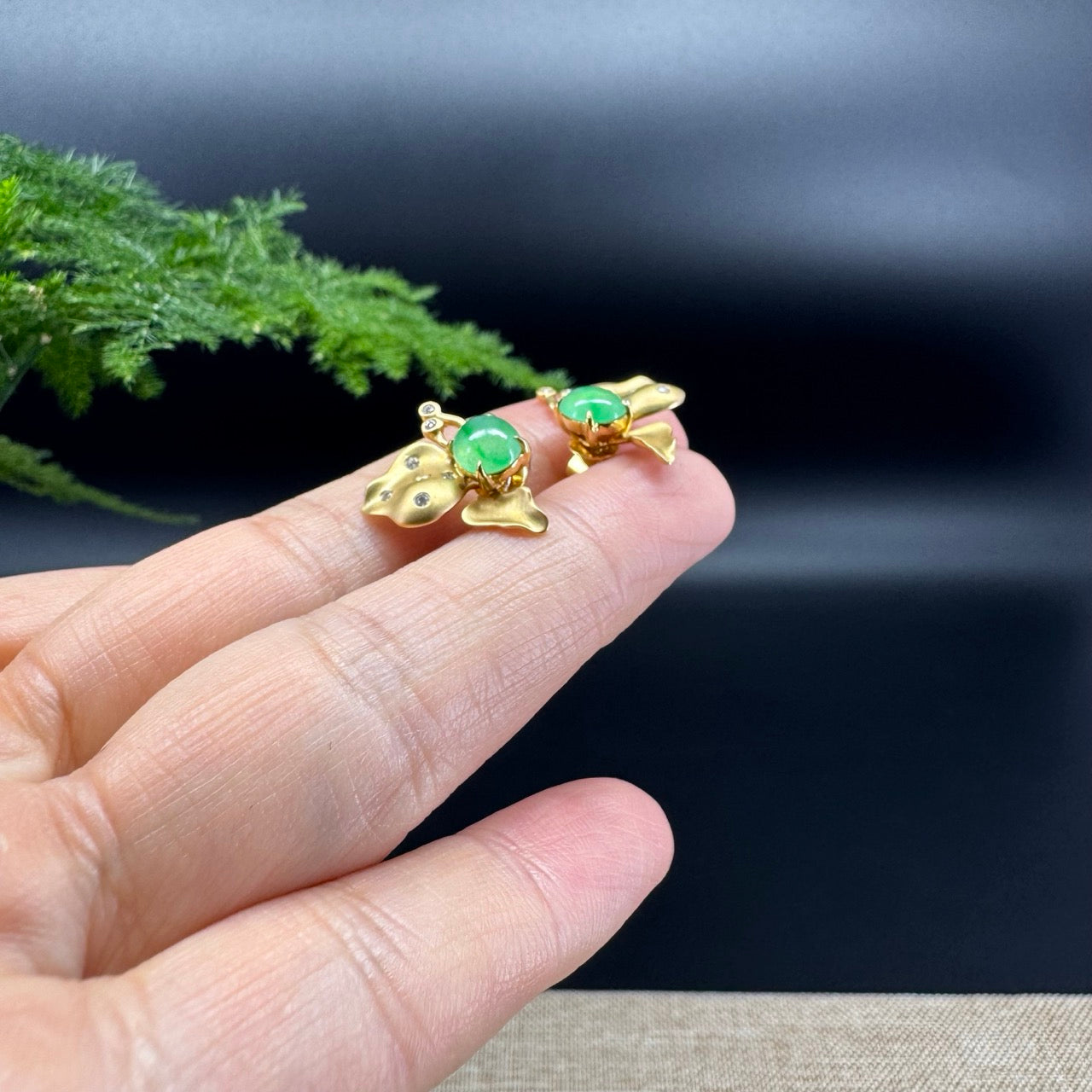 RealJade® 18k Yellow Gold Green Jadeite Jade 'Butterfly'Earrings With Diamonds