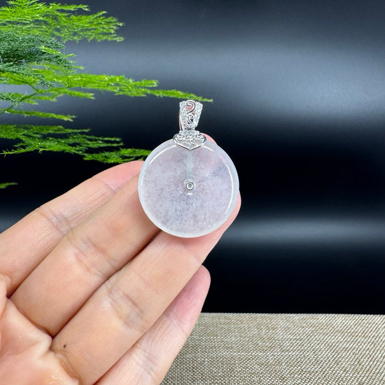 "Good Luck Button" Icy Jadeite Jade Lucky KouKou Pendant With 18K White Gold Bail