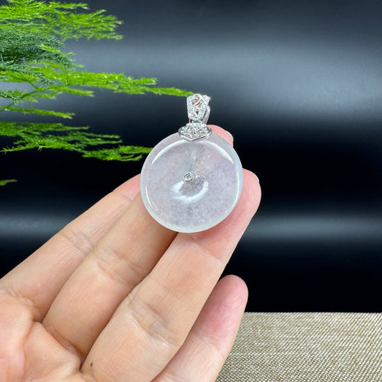 "Good Luck Button" Icy Jadeite Jade Lucky KouKou Pendant With 18K White Gold Bail