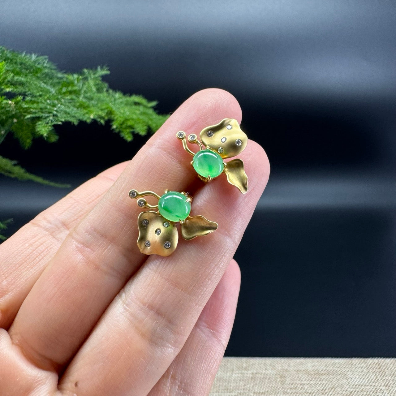 RealJade® 18k Yellow Gold Green Jadeite Jade 'Butterfly'Earrings With Diamonds