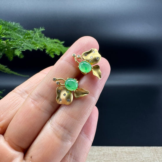 RealJade® 18k Yellow Gold Green Jadeite Jade 'Butterfly'Earrings With Diamonds