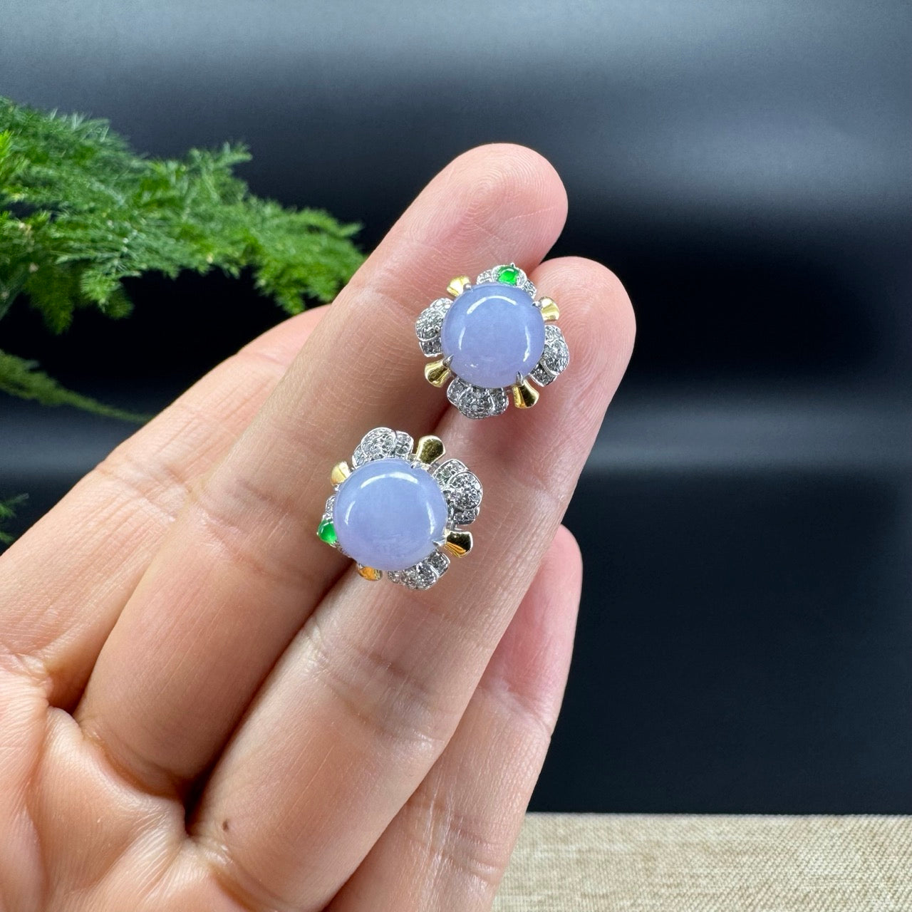 RealJade® 18k Gold Burmese Lavender Jadeite Jade Cabochon Earrings with Diamonds