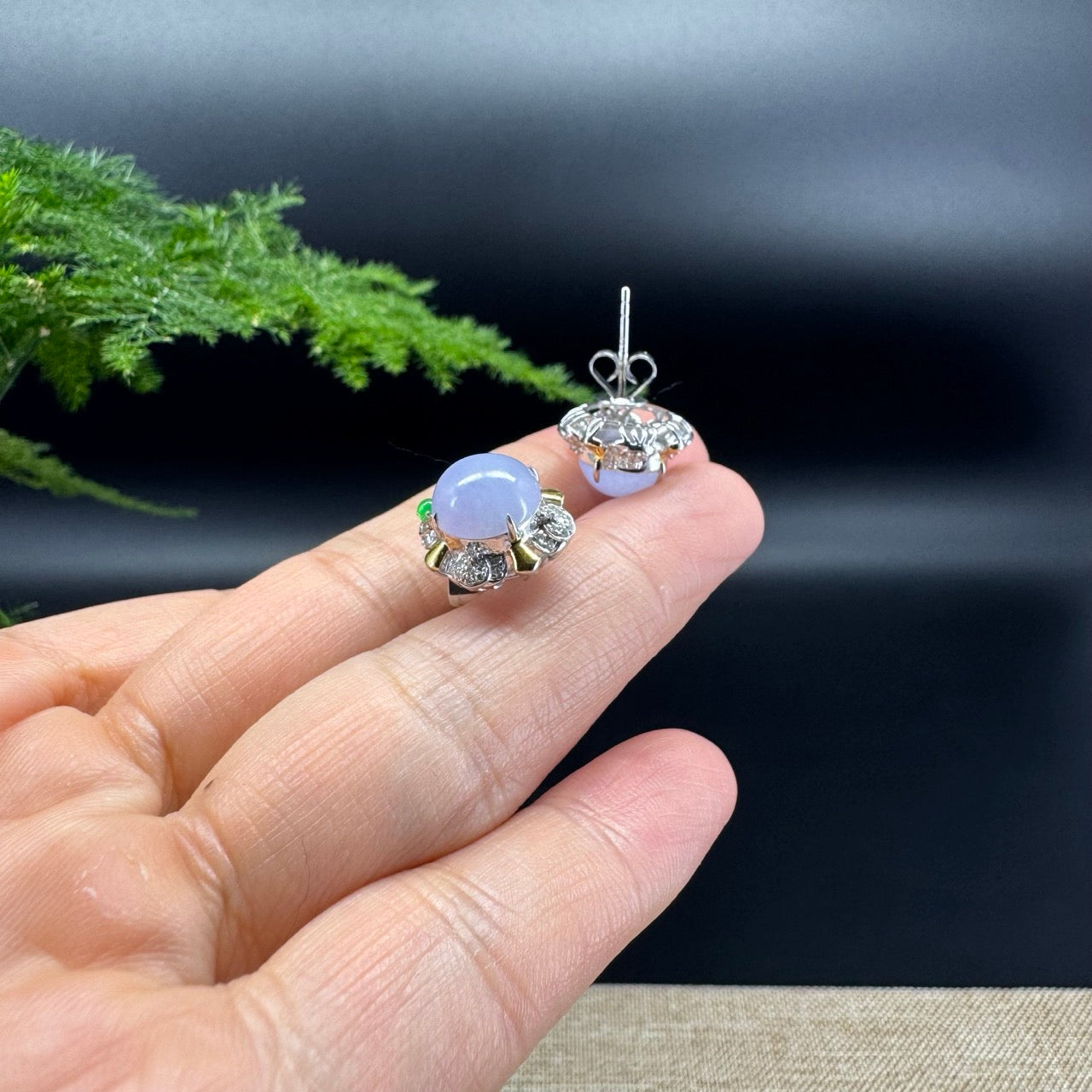 RealJade® 18k Gold Burmese Lavender Jadeite Jade Cabochon Earrings with Diamonds