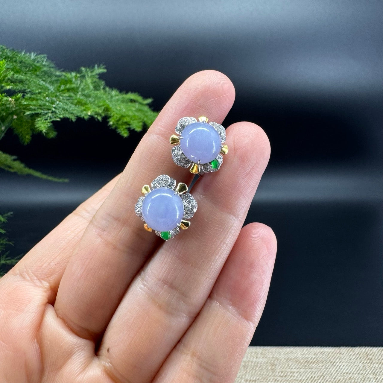 RealJade® 18k Gold Burmese Lavender Jadeite Jade Cabochon Earrings with Diamonds