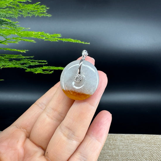 "Good Luck Button" Icy Yellow Jadeite Jade Lucky KouKou Pendant With 18K White Gold Bail