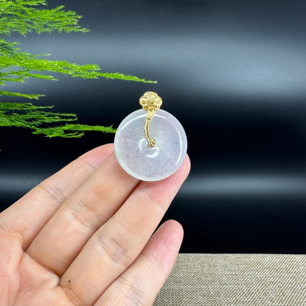 "Good Luck Button" Icy Jadeite Jade Lucky KouKou Pendant With 18K Yellow Gold Bail
