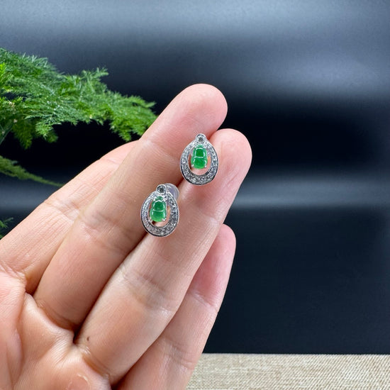 RealJade® 18k White Gold Real Imperial Green Jadeite Jade Hulu Earrings with Diamonds