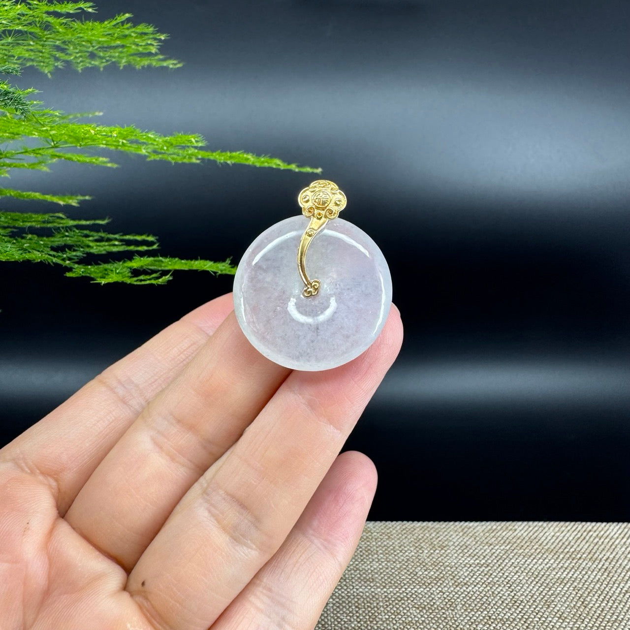 "Good Luck Button" Icy Jadeite Jade Lucky KouKou Pendant With 18K Yellow Gold Bail