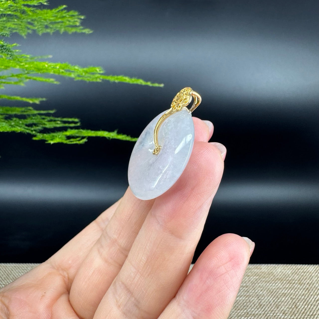 "Good Luck Button" Icy Jadeite Jade Lucky KouKou Pendant With 18K Yellow Gold Bail