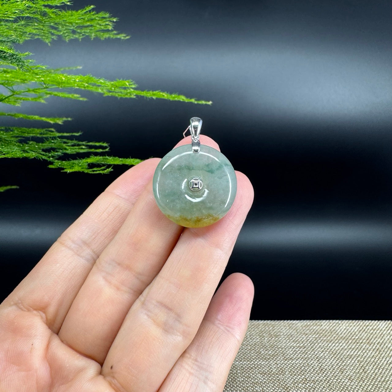 "Good Luck Button" Icy Yellow Green Jadeite Jade Lucky KouKou Pendant With 18K White Gold Bail