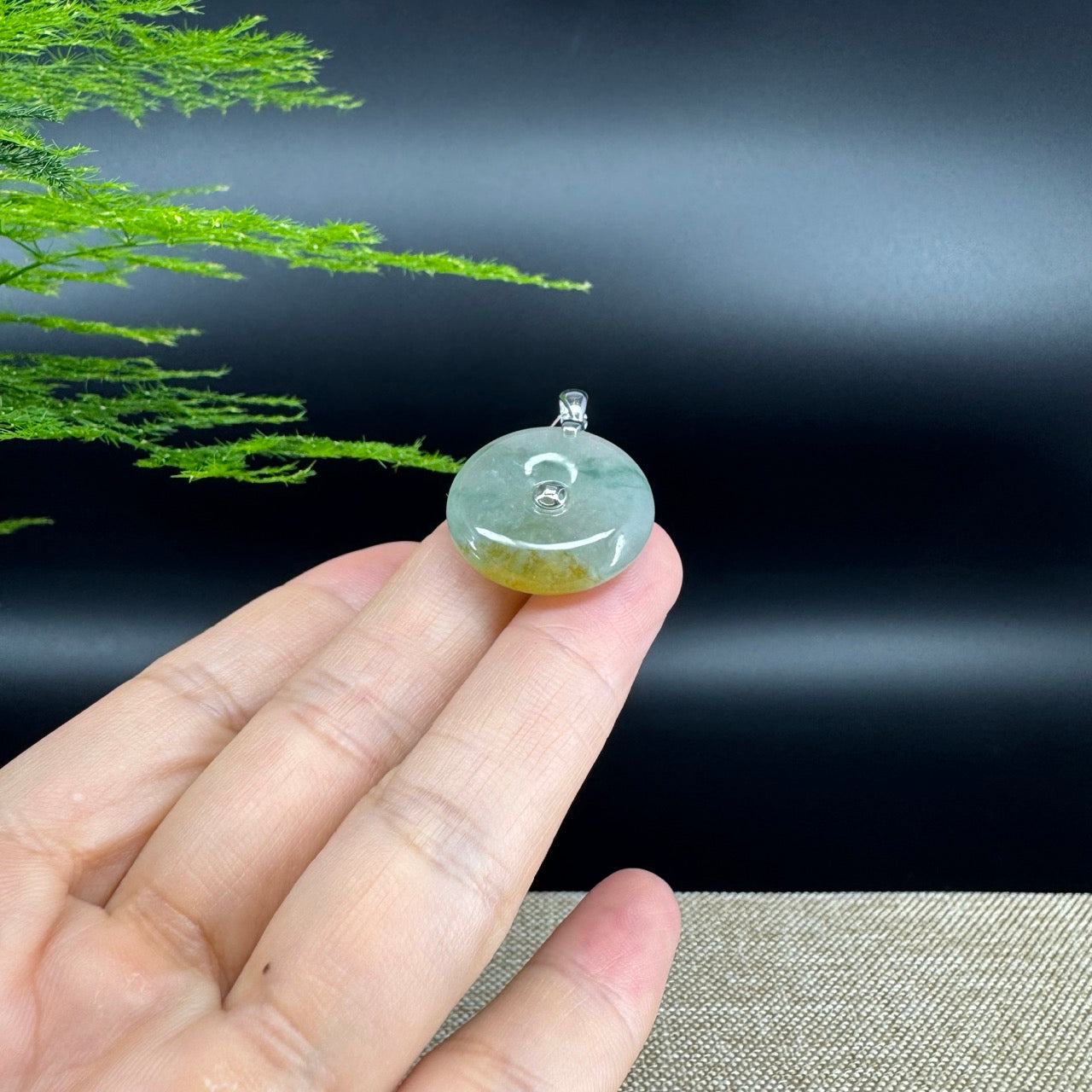 "Good Luck Button" Icy Yellow Green Jadeite Jade Lucky KouKou Pendant With 18K White Gold Bail