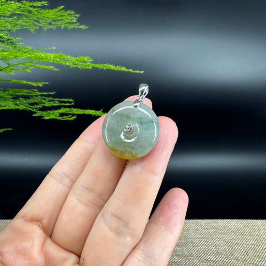"Good Luck Button" Icy Yellow Green Jadeite Jade Lucky KouKou Pendant With 18K White Gold Bail