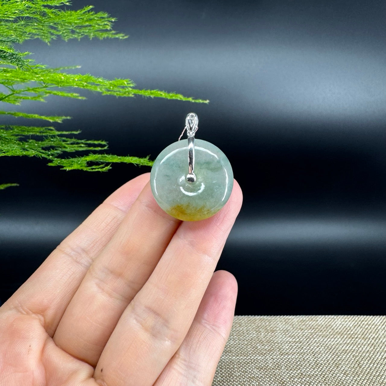 "Good Luck Button" Icy Yellow Green Jadeite Jade Lucky KouKou Pendant With 18K White Gold Bail