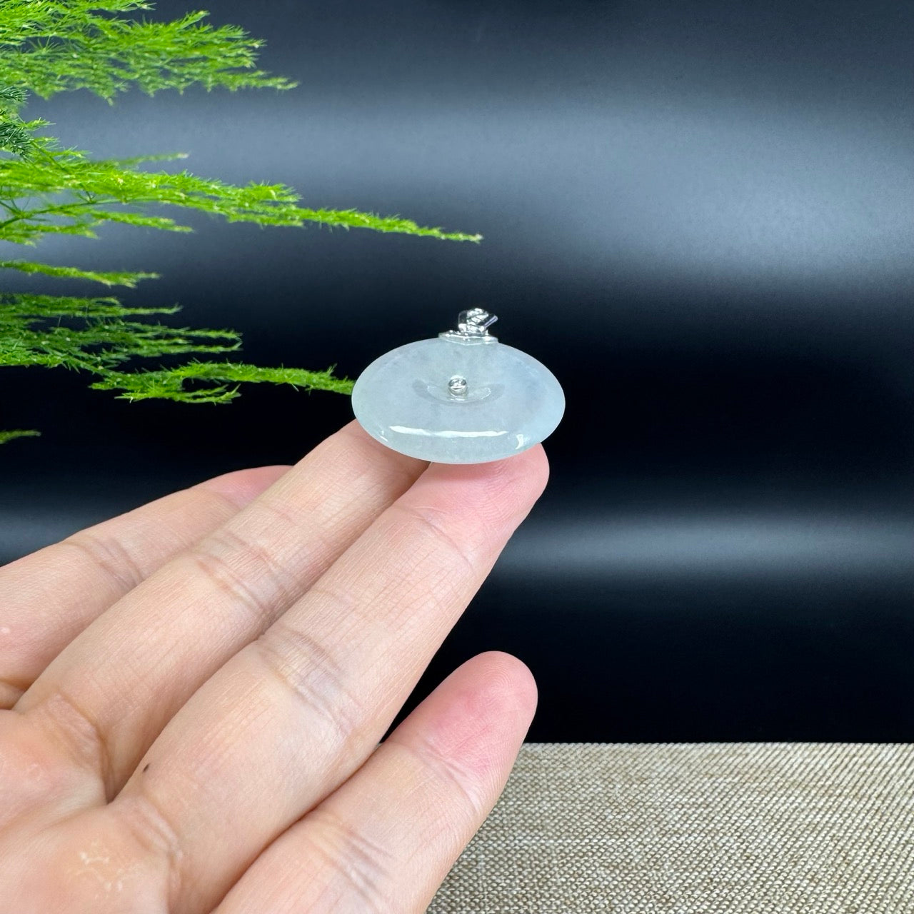 "Good Luck Button" Icy Jadeite Jade Lucky KouKou Pendant With 18K White Gold Bail