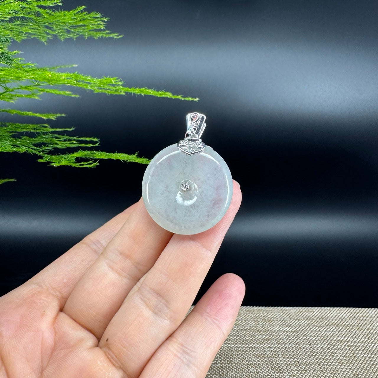 "Good Luck Button" Icy Jadeite Jade Lucky KouKou Pendant With 18K White Gold Bail