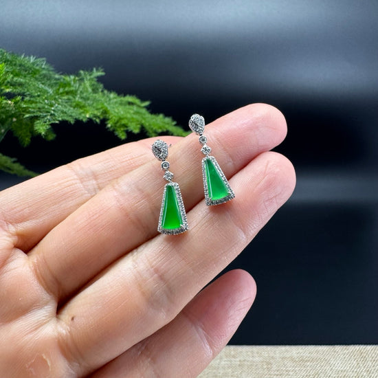 18k White Gold Genuine Imperial Green Jadeite Jade Earrings With Diamonds