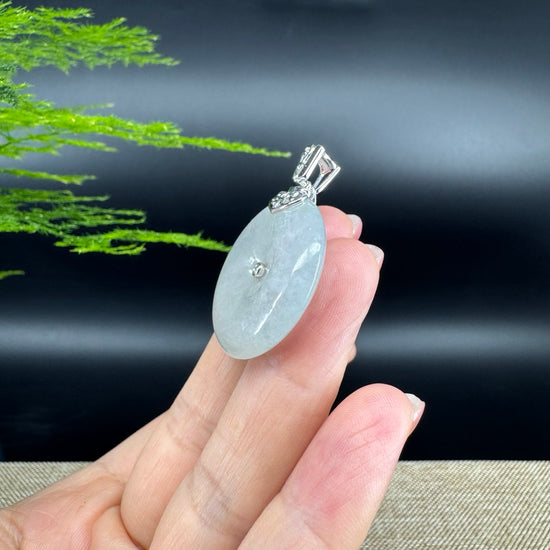 "Good Luck Button" Icy Jadeite Jade Lucky KouKou Pendant With 18K White Gold Bail