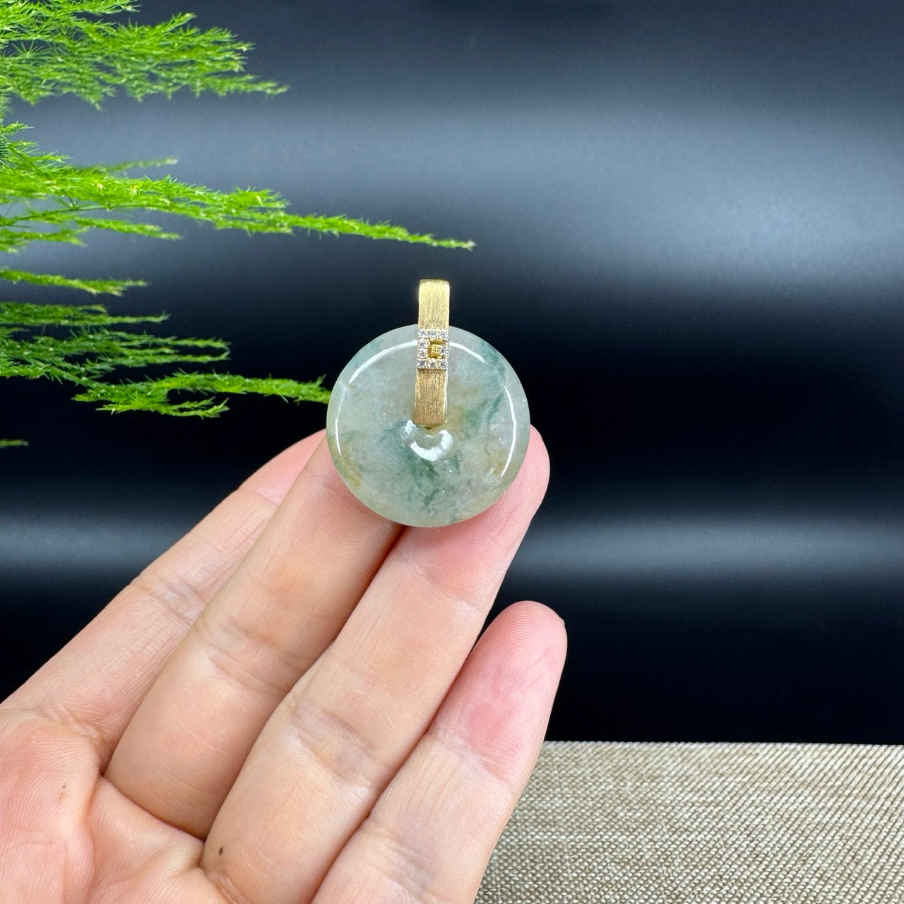 "Good Luck Button" Icy Yellow Green Jadeite Jade Lucky KouKou Pendant With 18K Yellow Gold Bail