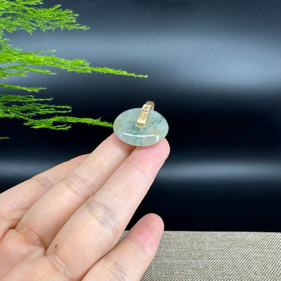 "Good Luck Button" Icy Yellow Green Jadeite Jade Lucky KouKou Pendant With 18K Yellow Gold Bail