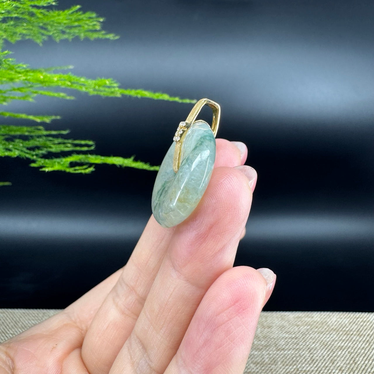 "Good Luck Button" Icy Yellow Green Jadeite Jade Lucky KouKou Pendant With 18K Yellow Gold Bail