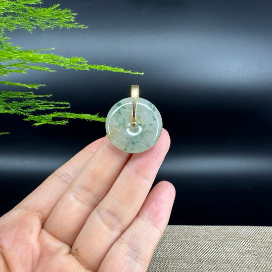 "Good Luck Button" Icy Yellow Green Jadeite Jade Lucky KouKou Pendant With 18K Yellow Gold Bail