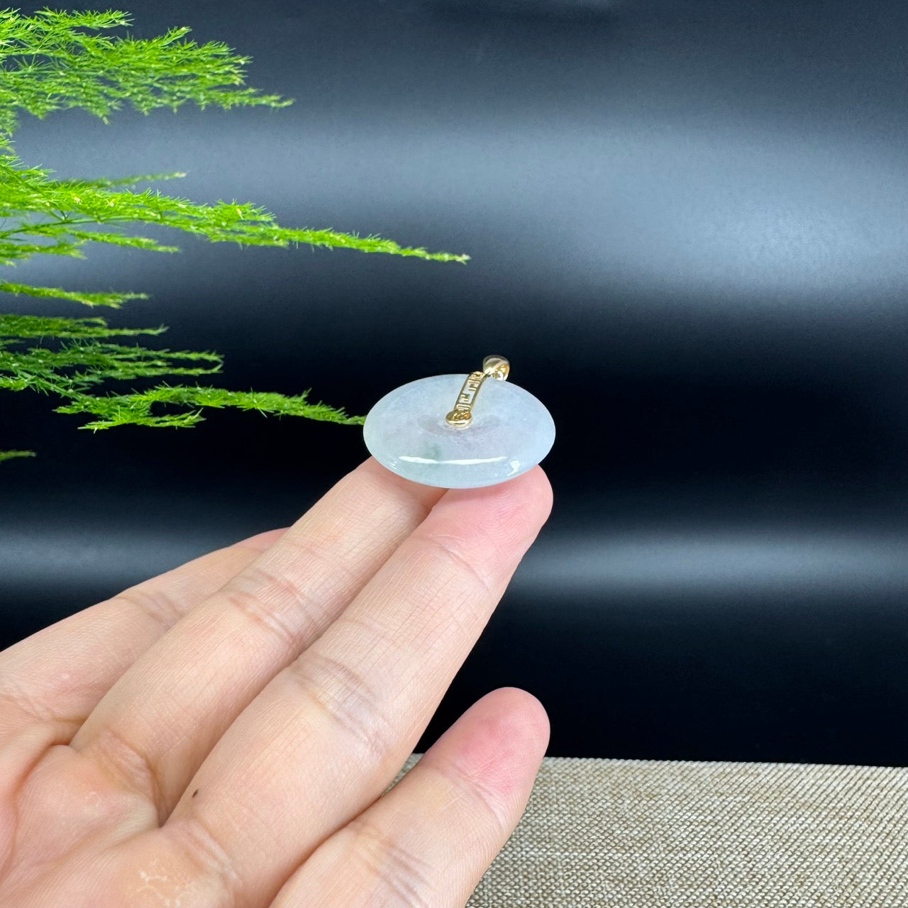 "Good Luck Button"Icy Green Jadeite Jade Lucky KouKou Pendant With 18K Yellow Gold Bail