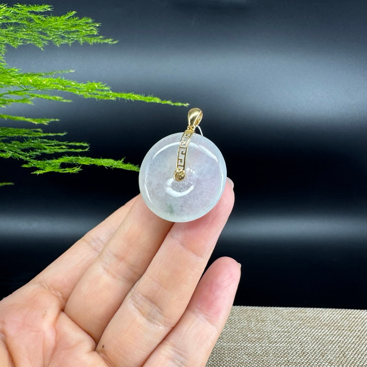 "Good Luck Button"Icy Green Jadeite Jade Lucky KouKou Pendant With 18K Yellow Gold Bail