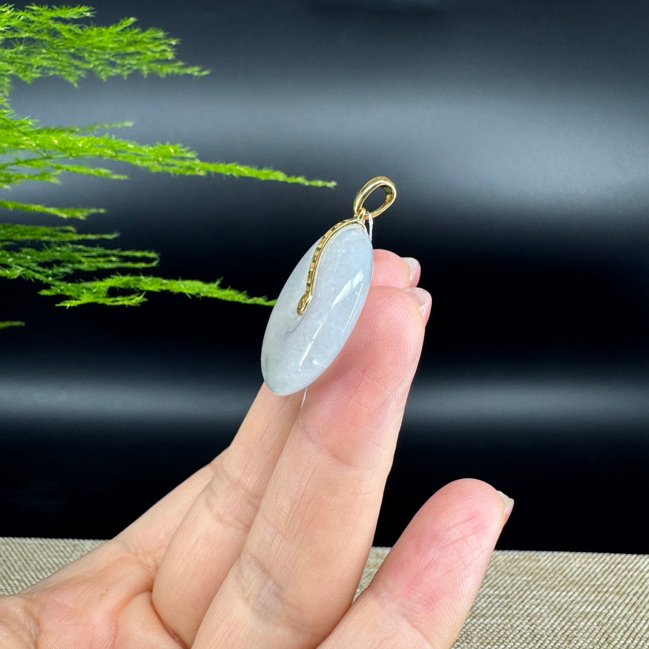 "Good Luck Button"Icy Green Jadeite Jade Lucky KouKou Pendant With 18K Yellow Gold Bail