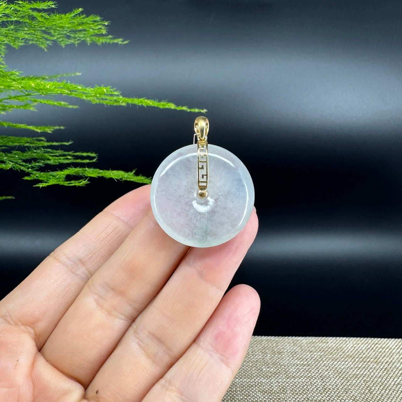 "Good Luck Button"Icy Green Jadeite Jade Lucky KouKou Pendant With 18K Yellow Gold Bail