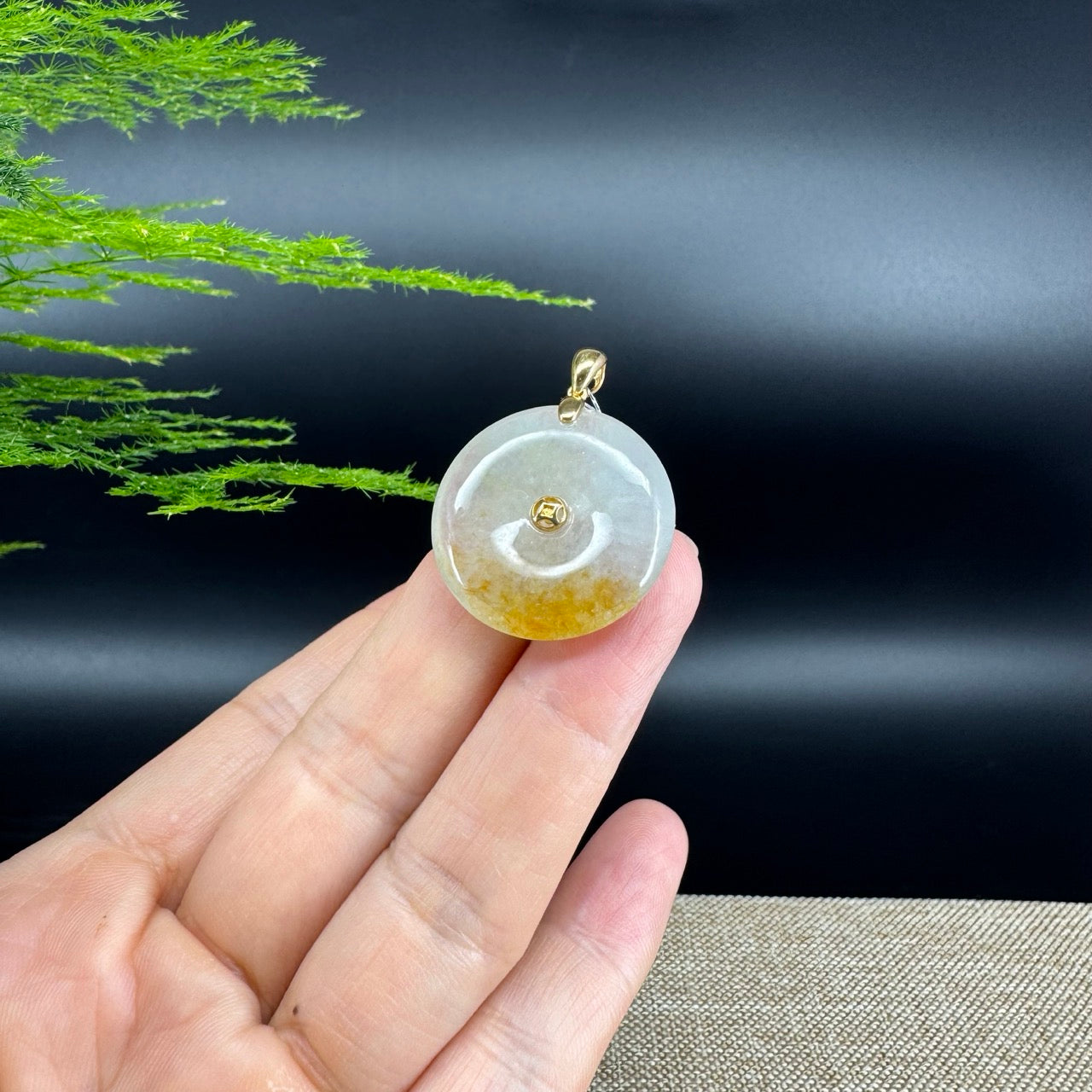 "Good Luck Button" Icy Yellow Jadeite Jade Lucky KouKou Pendant With 18K Yellow Gold Bail