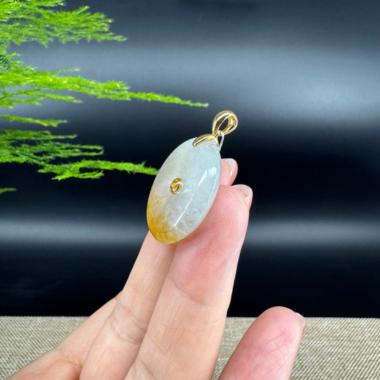 "Good Luck Button" Icy Yellow Jadeite Jade Lucky KouKou Pendant With 18K Yellow Gold Bail