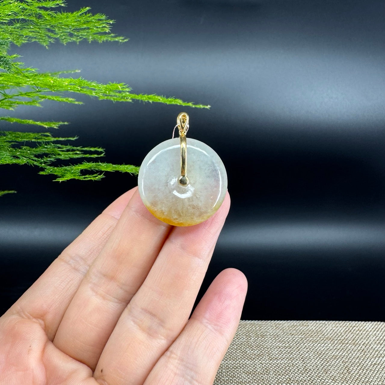 "Good Luck Button" Icy Yellow Jadeite Jade Lucky KouKou Pendant With 18K Yellow Gold Bail