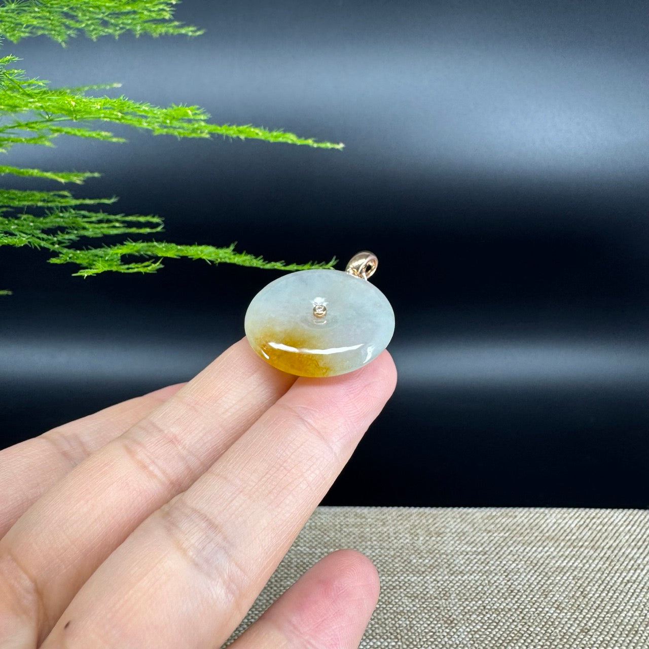 "Good Luck Button" Icy Yellow Jadeite Jade Lucky KouKou Pendant With 18K Rose Gold Bail